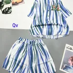 Đồ bộ sọc loang quần đùi áo sơ mi tay ngắn cổ bẻ in chữ M