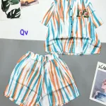 Đồ bộ sọc loang quần đùi áo sơ mi tay ngắn cổ bẻ in chữ M