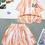 Đồ bộ sọc loang quần đùi áo sơ mi tay ngắn cổ bẻ in chữ M