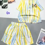 Đồ bộ sọc loang quần đùi áo sơ mi tay ngắn cổ bẻ in chữ M