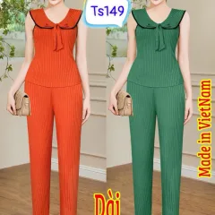Đồ bộ tăm đũa quần dài áo tay ngắn cổ bẻ viền nơ thắt