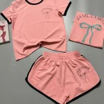 Đồ bộ thun cotton quần đùi áo tay ngắn in hình cái nơ