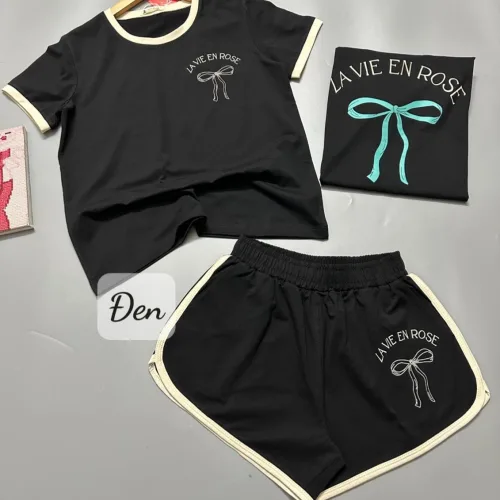 Đồ bộ thun cotton quần đùi áo tay ngắn in hình cái nơ