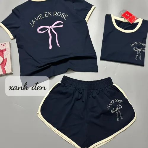 Đồ bộ thun cotton quần đùi áo tay ngắn in hình cái nơ