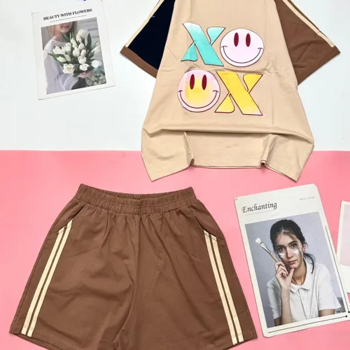 Đồ bộ thun cotton quần đùi áo tay ngắn in hình mặt cười