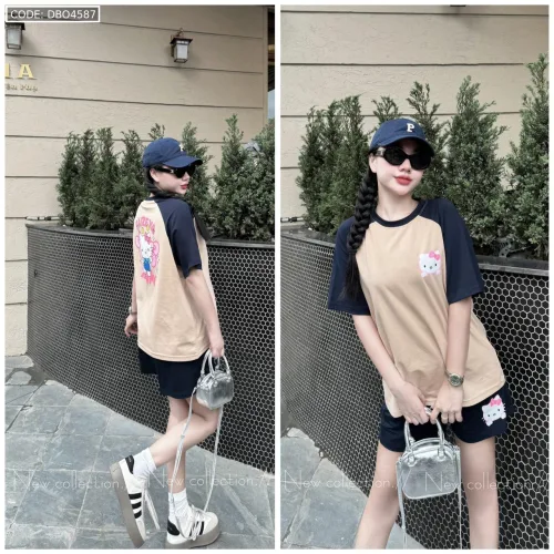 Đồ bộ thun cotton quần đùi áo tay ngắn in hình mèo kitty