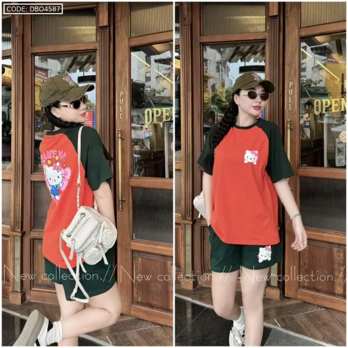 Đồ bộ thun cotton quần đùi áo tay ngắn in hình mèo kitty