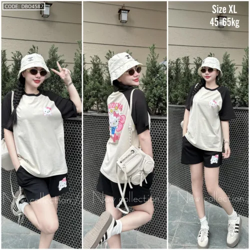 Đồ bộ thun cotton quần đùi áo tay ngắn in hình mèo kitty