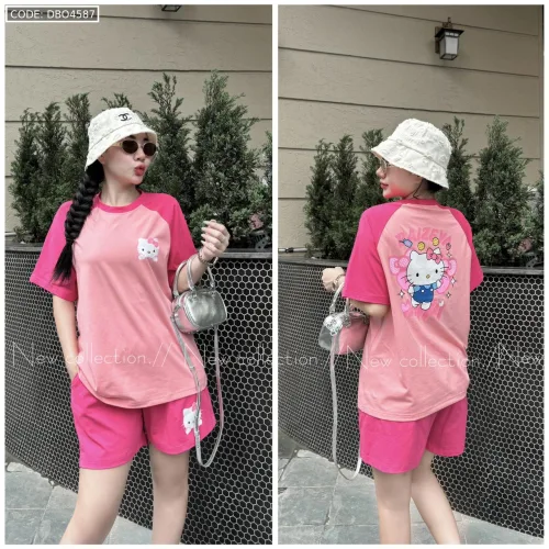 Đồ bộ thun cotton quần đùi áo tay ngắn in hình mèo kitty