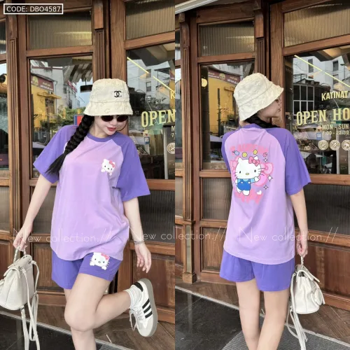 Đồ bộ thun cotton quần đùi áo tay ngắn in hình mèo kitty