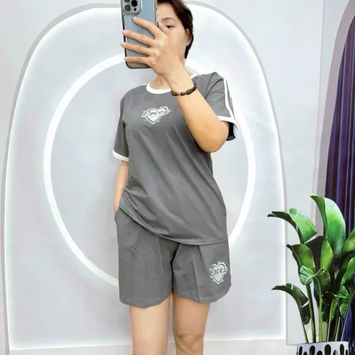 Đồ bộ thun cotton quần đùi áo tay ngắn in hình trái tim