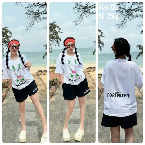 Đồ bộ thun cotton quần đùi áo tay ngắn in thỏ form rộng 48-75kg