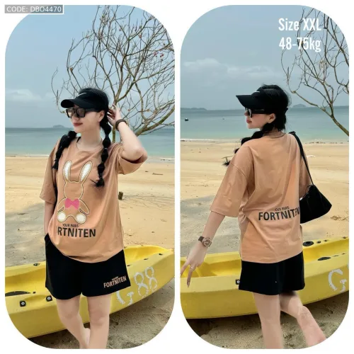 Đồ bộ thun cotton quần đùi áo tay ngắn in thỏ form rộng 48-75kg