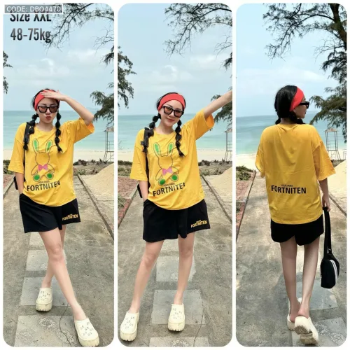 Đồ bộ thun cotton quần đùi áo tay ngắn in thỏ form rộng 48-75kg