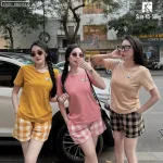 Đồ bộ thun cotton quần đùi kẻ ca rô áo tay ngắn in chữ The Alales