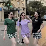 Đồ bộ thun cotton quần đùi kẻ ca rô áo tay ngắn in chữ The Alales
