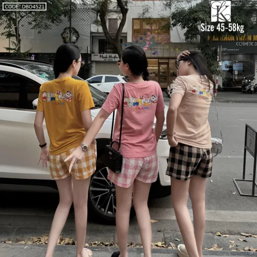 Đồ bộ thun cotton quần đùi kẻ ca rô áo tay ngắn in chữ The Alales