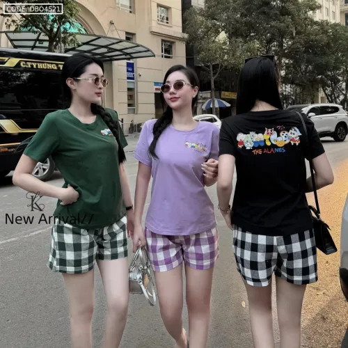 Đồ bộ thun cotton quần đùi kẻ ca rô áo tay ngắn in chữ The Alales