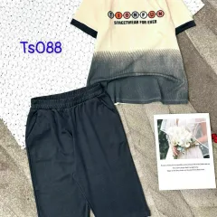 Đồ bộ thun cotton quần lửng áo tay ngắn hai màu in chữ