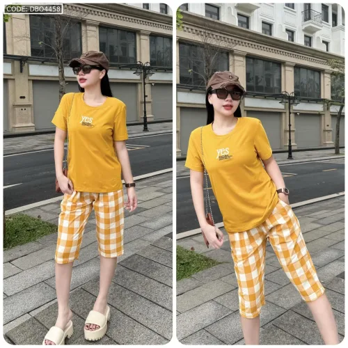 Đồ bộ thun cotton quần lửng áo tay ngắn thuê chữ YES