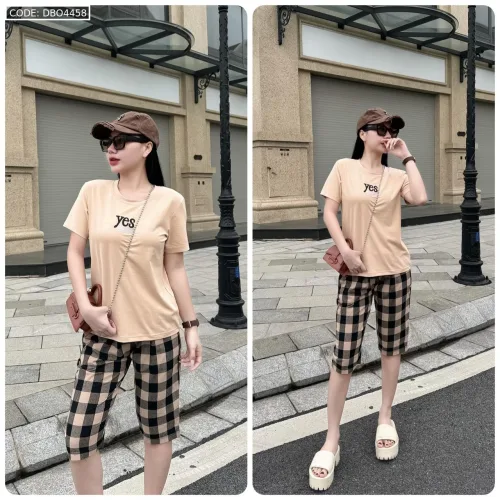 Đồ bộ thun cotton quần lửng áo tay ngắn thuê chữ YES