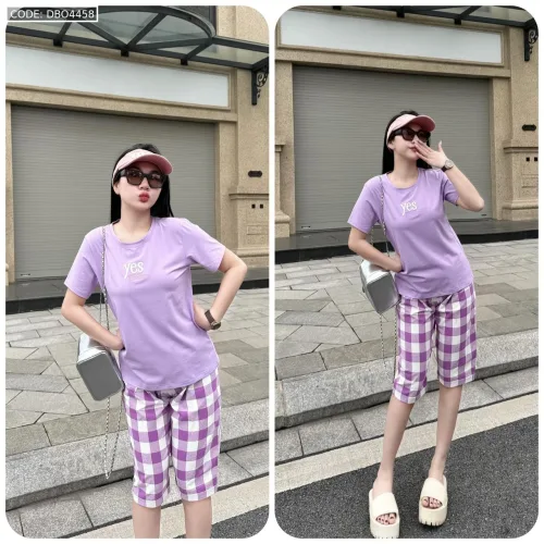 Đồ bộ thun cotton quần lửng áo tay ngắn thuê chữ YES