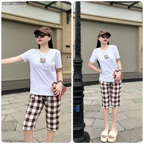 Đồ bộ thun cotton quần lửng áo tay ngắn thuê chữ YES
