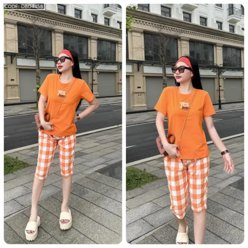 Đồ bộ thun cotton quần lửng áo tay ngắn thuê chữ YES