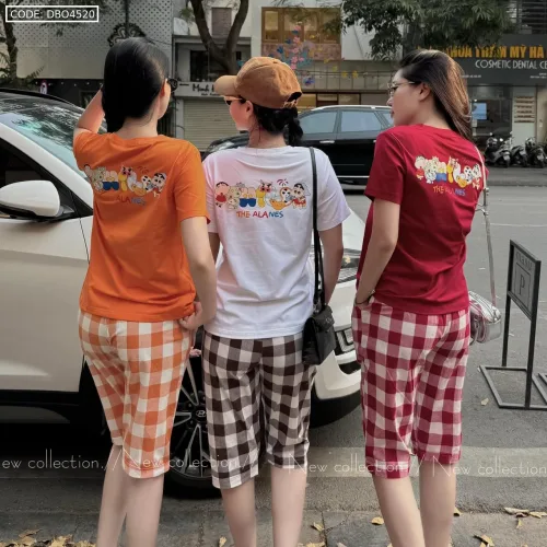 Đồ bộ thun cotton quần lửng kẻ ca rô áo tay ngắn in chữ The Alales