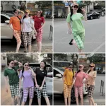 Đồ bộ thun cotton quần lửng kẻ ca rô áo tay ngắn in chữ The Alales