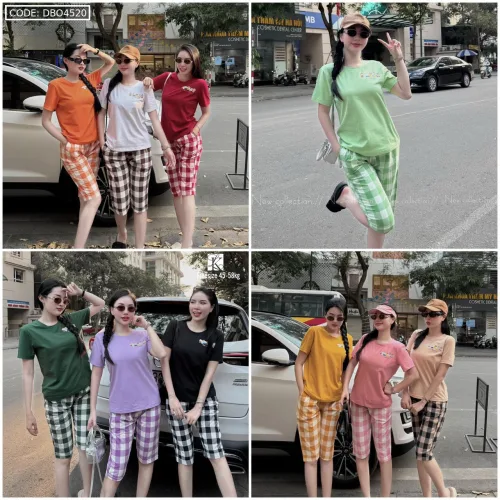 Đồ bộ thun cotton quần lửng kẻ ca rô áo tay ngắn in chữ The Alales
