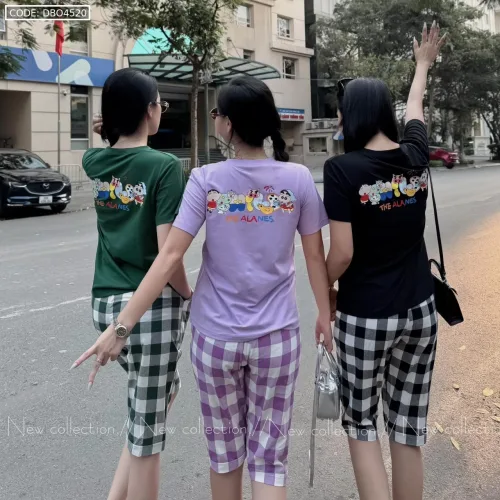 Đồ bộ thun cotton quần lửng kẻ ca rô áo tay ngắn in chữ The Alales