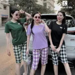 Đồ bộ thun cotton quần lửng kẻ ca rô áo tay ngắn in chữ The Alales