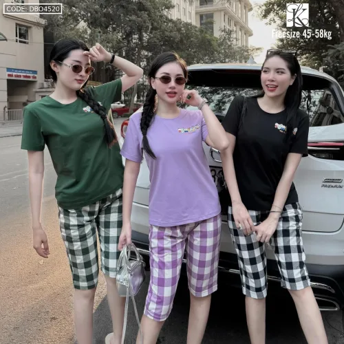 Đồ bộ thun cotton quần lửng kẻ ca rô áo tay ngắn in chữ The Alales