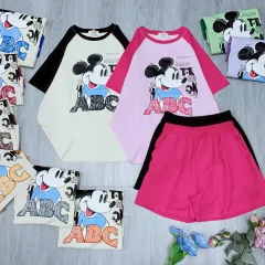 Đồ bộ thun nữ quần đùi áo in hình chuột mickey chữ ABC