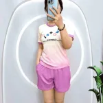 Đồ bộ thun nữ quần đùi áo loang 2 màu in chữ miss ou