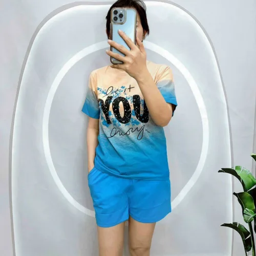 Đồ bộ thun nữ quần đùi áo tay ngắn loang hai màu in chữ YOU
