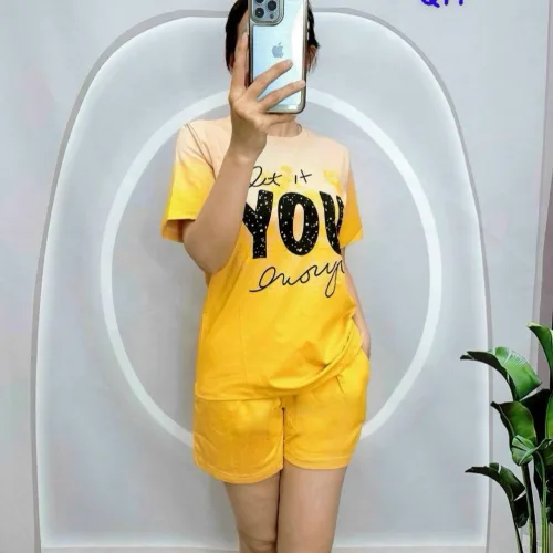 Đồ bộ thun nữ quần đùi áo tay ngắn loang hai màu in chữ YOU