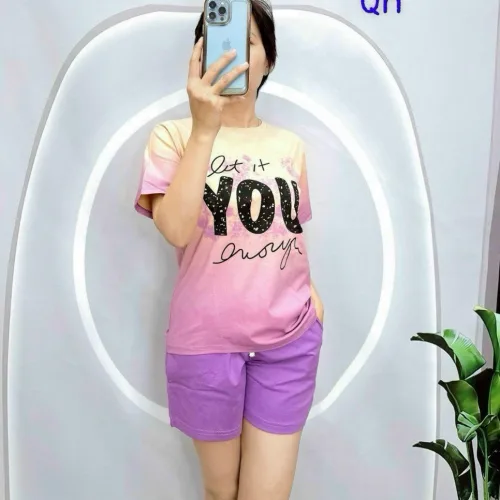 Đồ bộ thun nữ quần đùi áo tay ngắn loang hai màu in chữ YOU