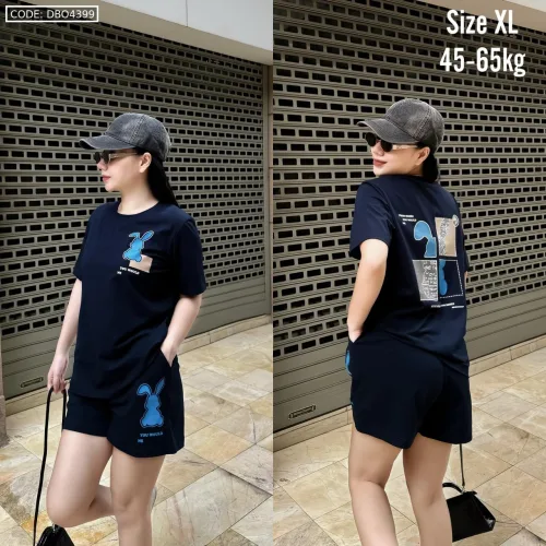 Đồ bộ thun nữ quần đùi in con thỏ bên trái form rộng 65kg