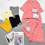 Đồ bộ thun nữ quần đùi ống viền xoè in hình mèo