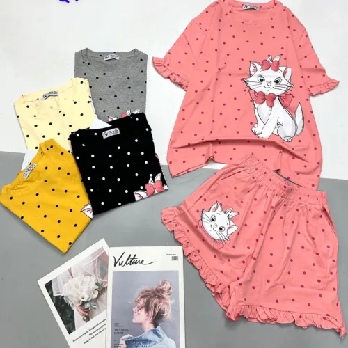 Đồ bộ thun nữ quần đùi ống viền xoè in hình mèo