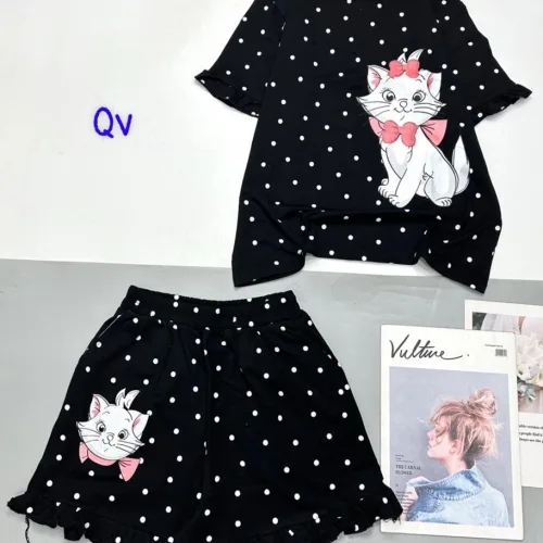 Đồ bộ thun nữ quần đùi ống viền xoè in hình mèo