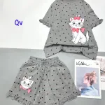 Đồ bộ thun nữ quần đùi ống viền xoè in hình mèo