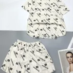 Đồ bộ tơ xước quần đùi áo sơ mi tay ngắn cổ bẻ in hoạ tiết
