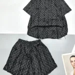 Đồ bộ tơ xước quần đùi áo sơ mi tay ngắn cổ bẻ in hoạ tiết