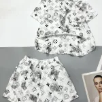 Đồ bộ tơ xước quần đùi áo sơ mi tay ngắn cổ bẻ in hoạ tiết