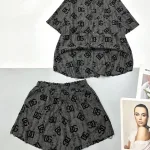 Đồ bộ tơ xước quần đùi áo sơ mi tay ngắn cổ bẻ in hoạ tiết