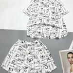 Đồ bộ tơ xước quần đùi áo sơ mi tay ngắn cổ bẻ in hoạ tiết