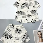 Đồ bộ tơ xước quần đùi áo sơ mi tay ngắn cổ bẻ in hoạ tiết